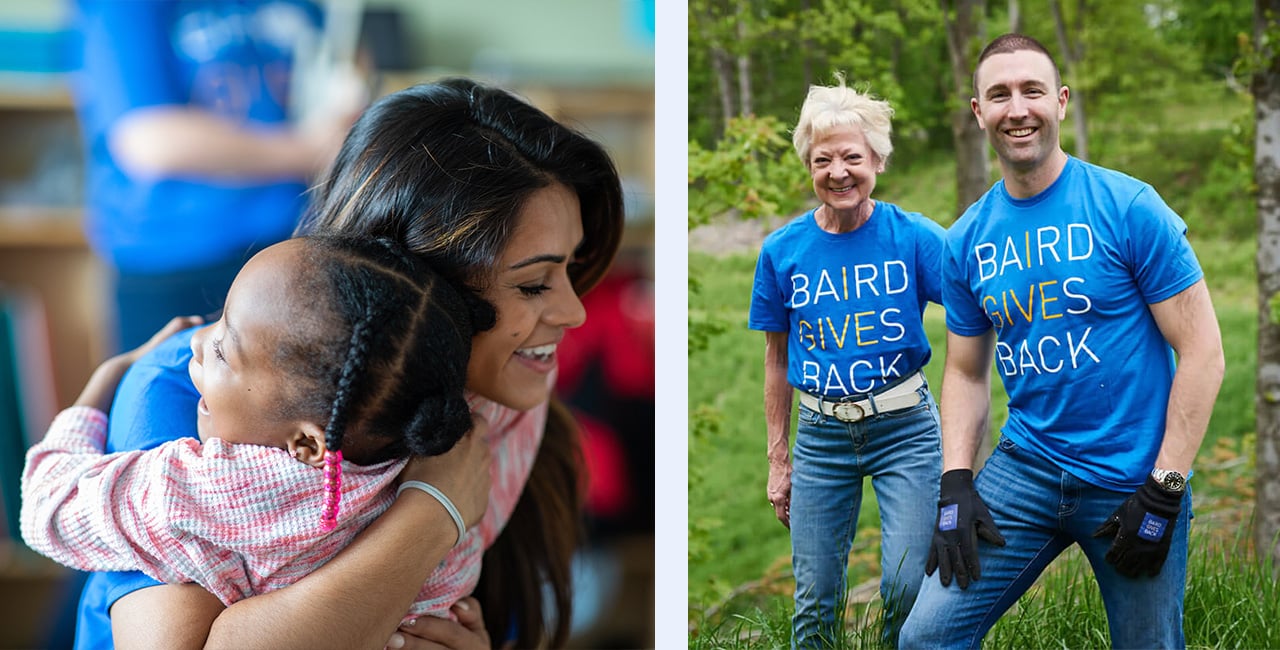 The left image is a woman embracing a child while volunteering. The right image showcases Kim Fleming and Max Mann wearing SilverPeak Strategic Capital Gives Back t-shirts at an outdoor volunteer event.